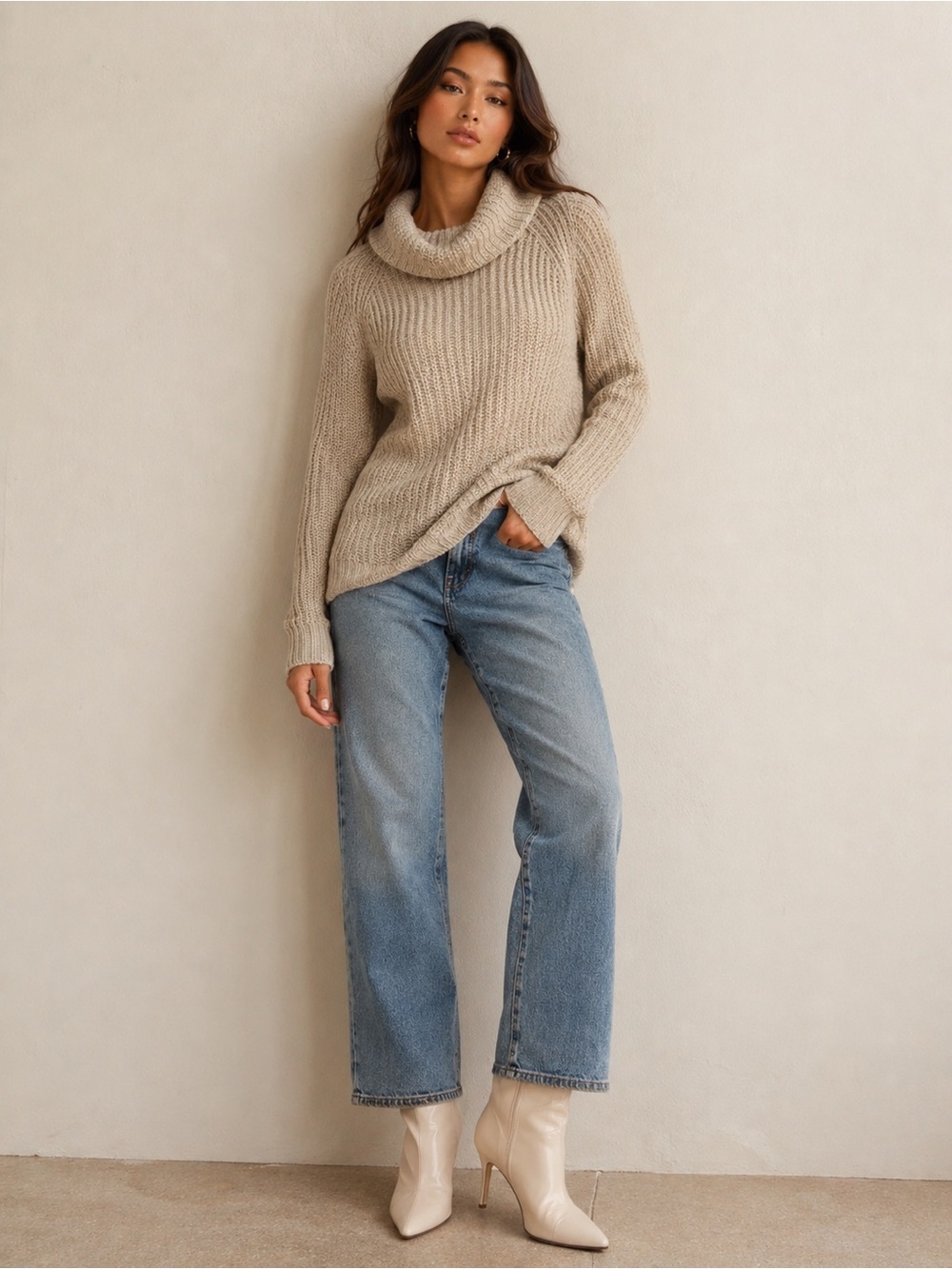 Fashion Nova Cowl Neck Chunky Knit Sweater Beige Size XS